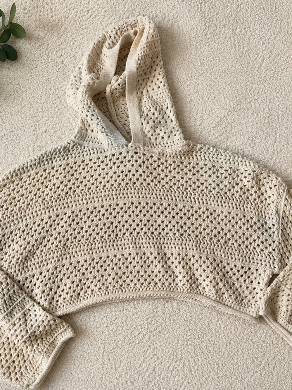 Sincerly Jules Cream Open-Knit Hooded Crop Pullover